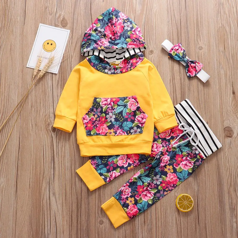 3Pcs Infant Clothes Floral Baby Girl Set Cute Hooded Long Sleeve Tops Flowers Print Pants Headband Autumn Winter Clothing Outfit