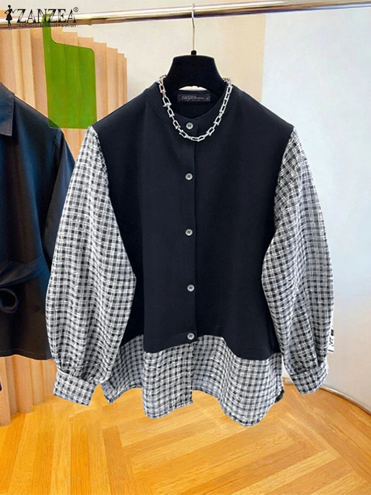 Women Autumn Patchwork Blouse 2025 ZANZEA Vintage O Neck Long Sleeve Plaid Shirt Female OL Work Pullover Mujer Casual Loose Tops