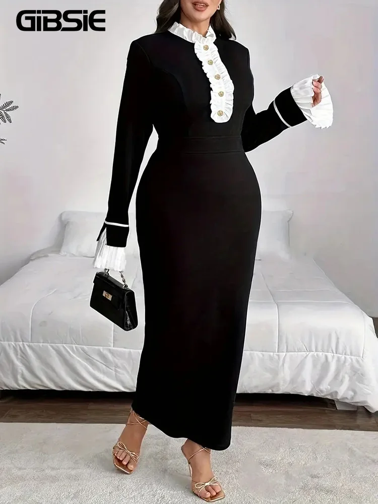 GIBSIE Plus Size Autumn Winter Contrast Frill Trim Buttoned Women Dress Black Elegant Long Sleeve Split Bodycon Maxi Dresses