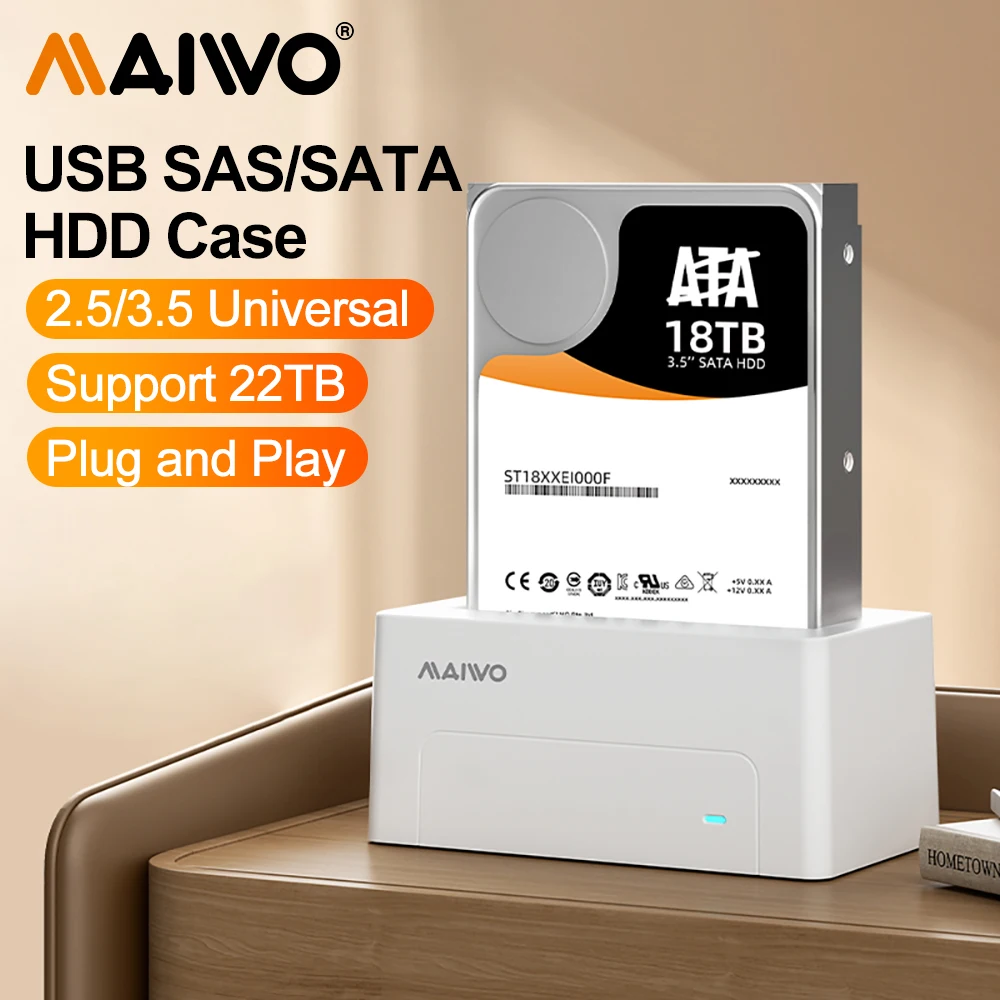 MAIWO SAS HDD-Gehäuse Festplatten-Dockingstation für 2,5 Zoll/3,5 Zoll HDD SSD-Festplattengehäuse SATA auf USB 3.0 HDD-Dockingstation unterstützt 22 TB