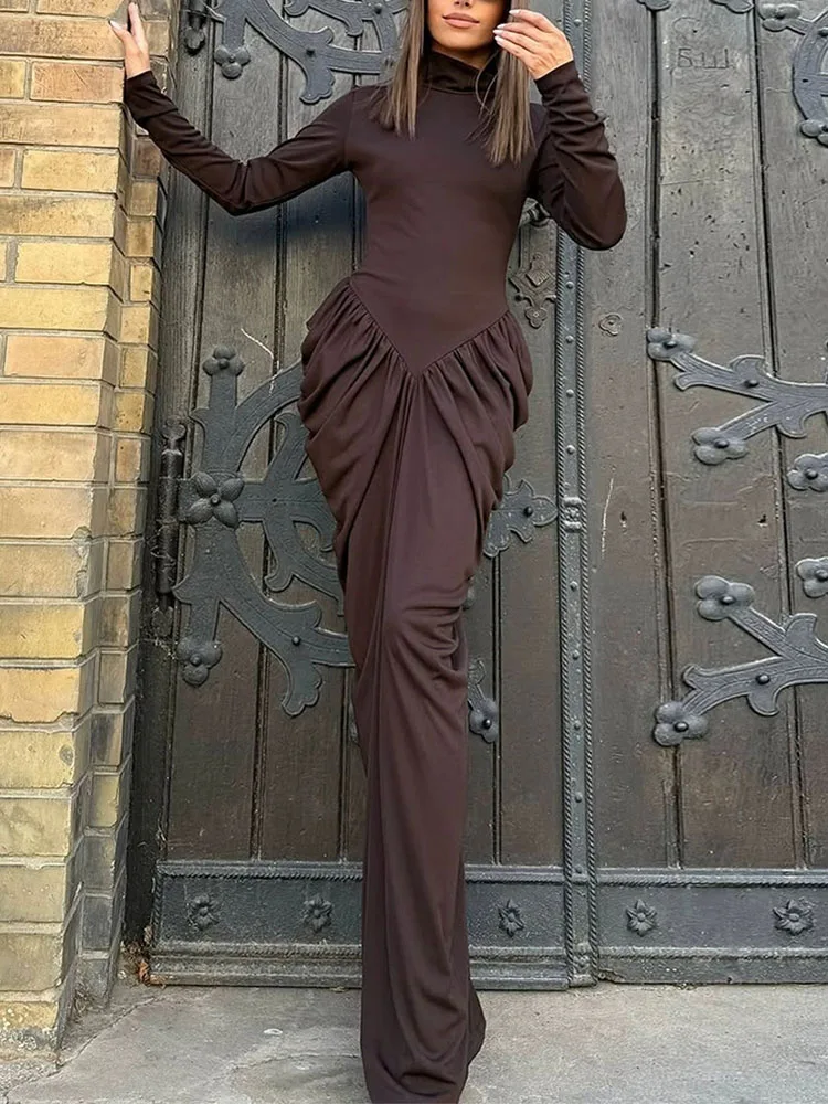 เดรสยาวแขนยาวคอสูงครึ่งตัว ดีไซน์เรียบหรู ทรงเข้ารูป เอวสูง สไตล์ลำลอง สำหรับผู้หญิง เหมาะกับฤดูใบไม้ผลิและฤดูใบไม้ร่วง แฟชั่นเดรสทรงพลิ้วสำหรับงานปาร์ตี้