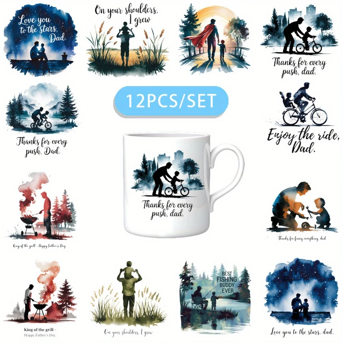 12PCS/SET Father's Day Silhouette DIY Light Beigeny Tumblers Wrap Decorative Transfer Paper UV DTF High Self-adhensive Wraps