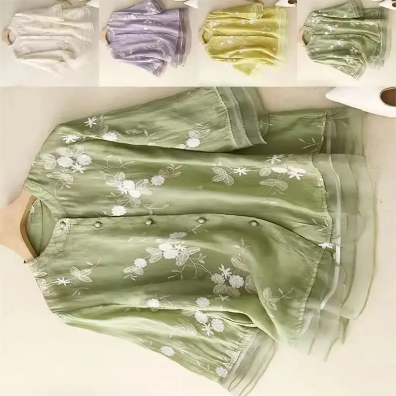 

Summer Shirts Blouses Women'S Five Point Sleeve Embroidery Loose Literary Vintage Cotton linenTop Long Blusas Mujer Elegantes