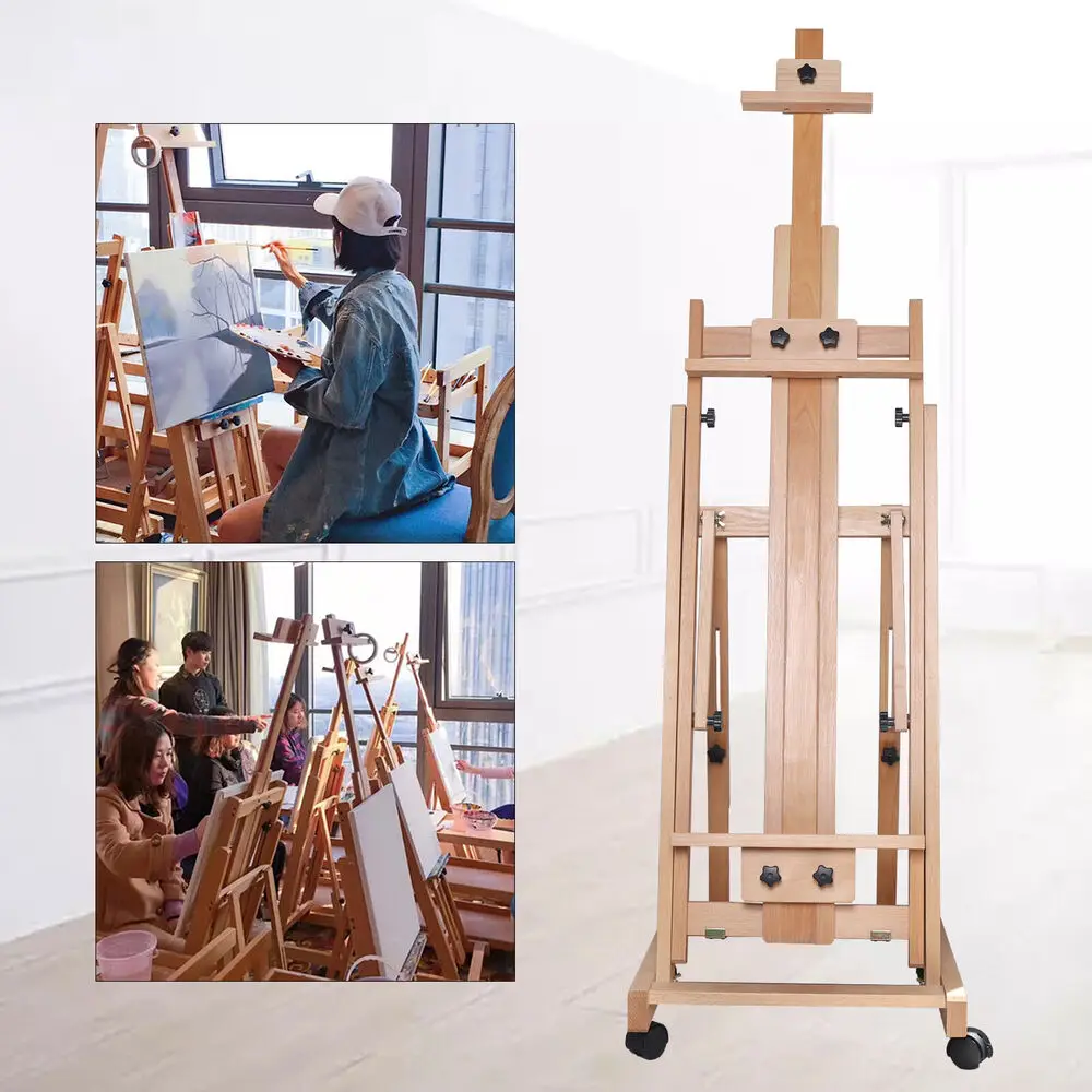 Wooden H-Frame Easel, Adjustable 56" to 91" Height, Movable Artist Stand for Studio Painting and Display