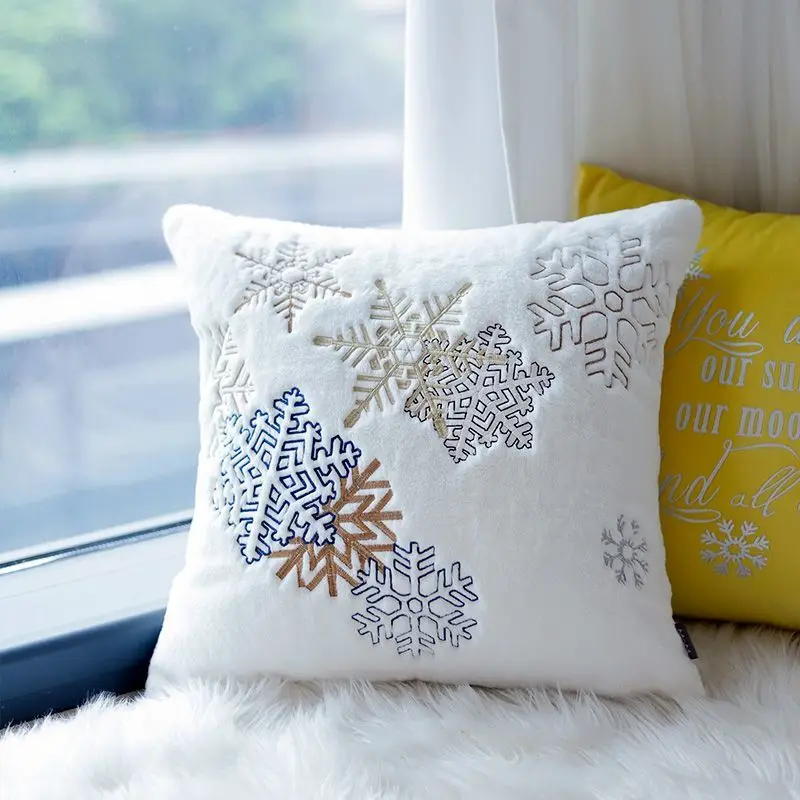 

White Plush Embroidered Throw Pillow - Nordic Square Cushion for Living Room, Luxury American Style Removable Cover