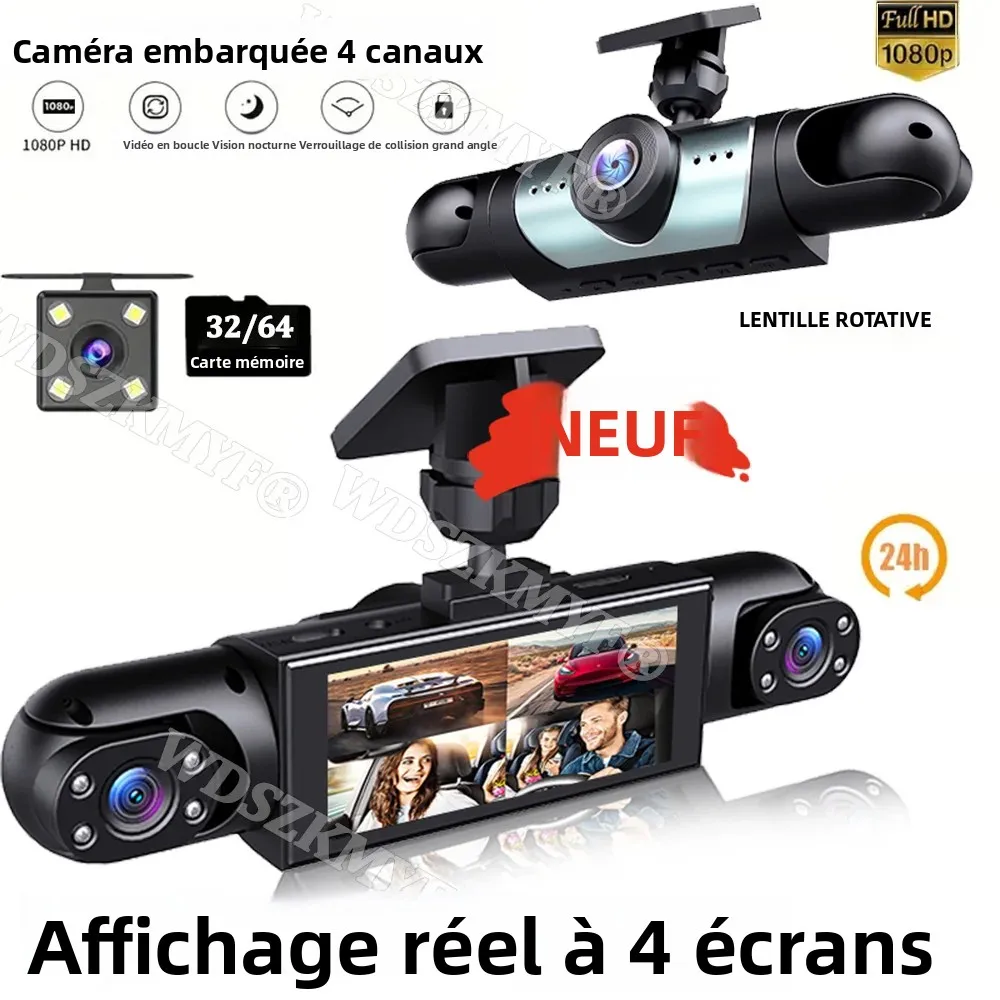 Caméra de tableau de bord 4 objectifs 360° 1080P, enregistreur vidéo 3/4 canaux avec surveillance de stationnement 24h, accessoire de sécurité automobile