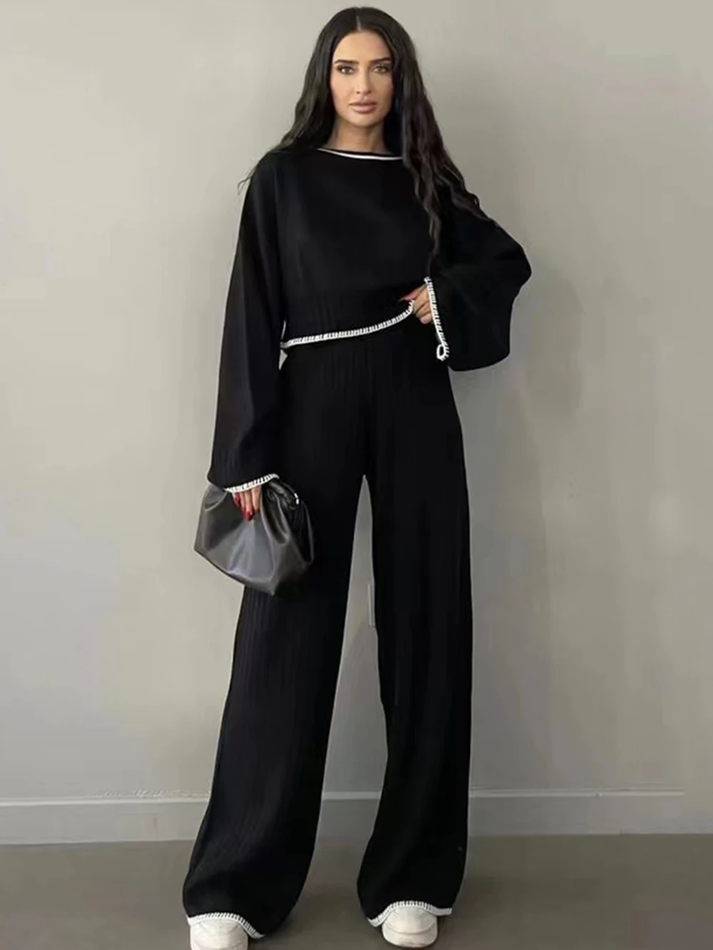 Modphy Casual Autumn Loose Knit Sweater Set Fashion Long Sleeve Pullover Sweater & Wide Leg Pants Two-piece Set