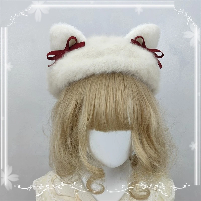 Original design lolita cute soft girl hat plush bear ear Cat's ears (Steamed cat-ear shaped bread) beret autumn and winter hair