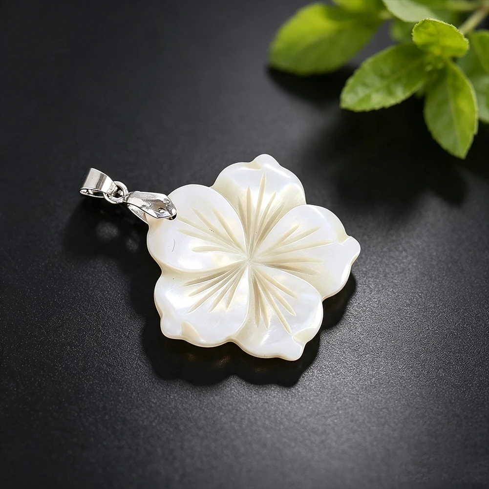 Natural Mother of Pearl Flower Pendant Necklace Carved Shell Iridescent Floral Jewelry Silver Bails Black Cords Boho Gifts 3.5cm