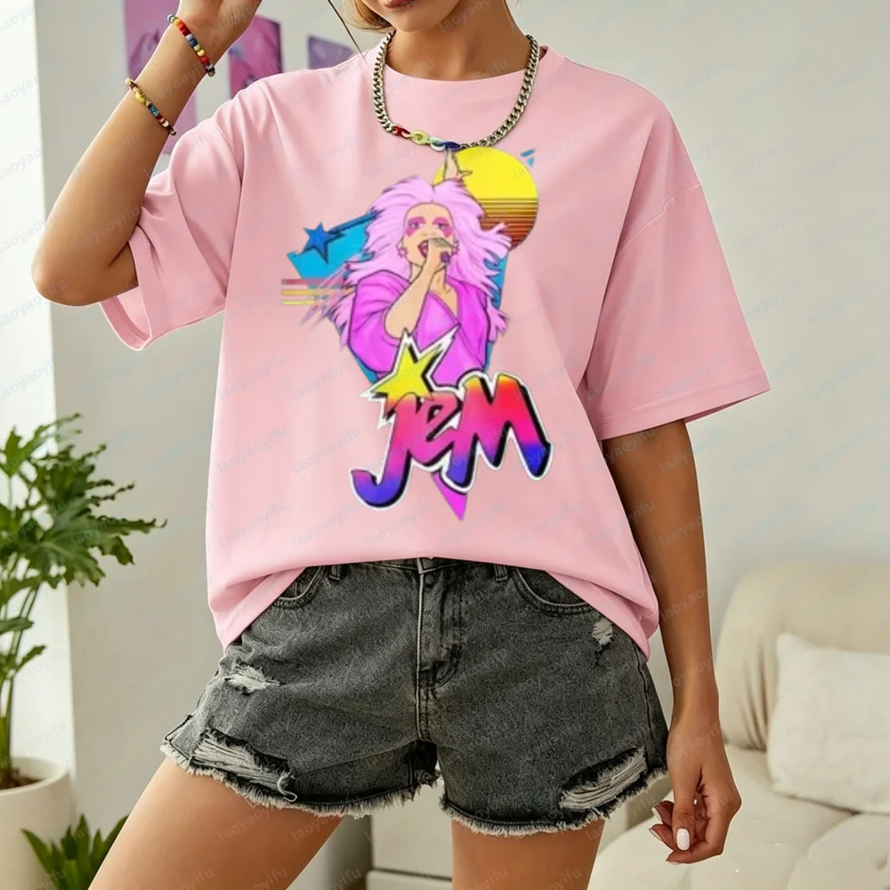 em Cartoon T-Shirt Round Neck Vivid Print Synergy Emmi Minx Graphic Tee 80s Nostalgia Casual Outdoor Top