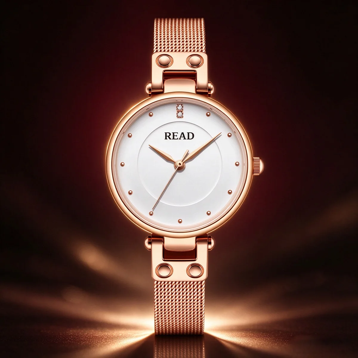 READ Women Quartz Watch | Minimalist Dot Marker Dial | Rose Gold Milanese Mesh Band | 30M Water Resistant Folding Clasp Watch