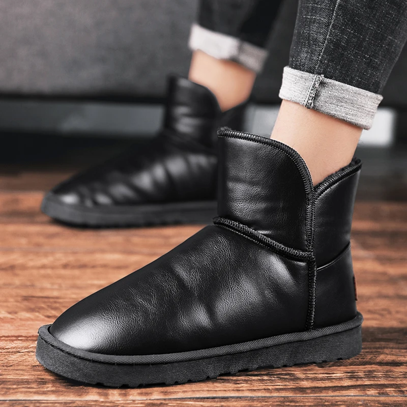 

Классические черные зимние ботинки, мужская непромокаемая зимняя обувь, нескользящие плюшевые кожаные ботильоны, женские теплые ботинки без шнуровки с хлопковой подкладкой