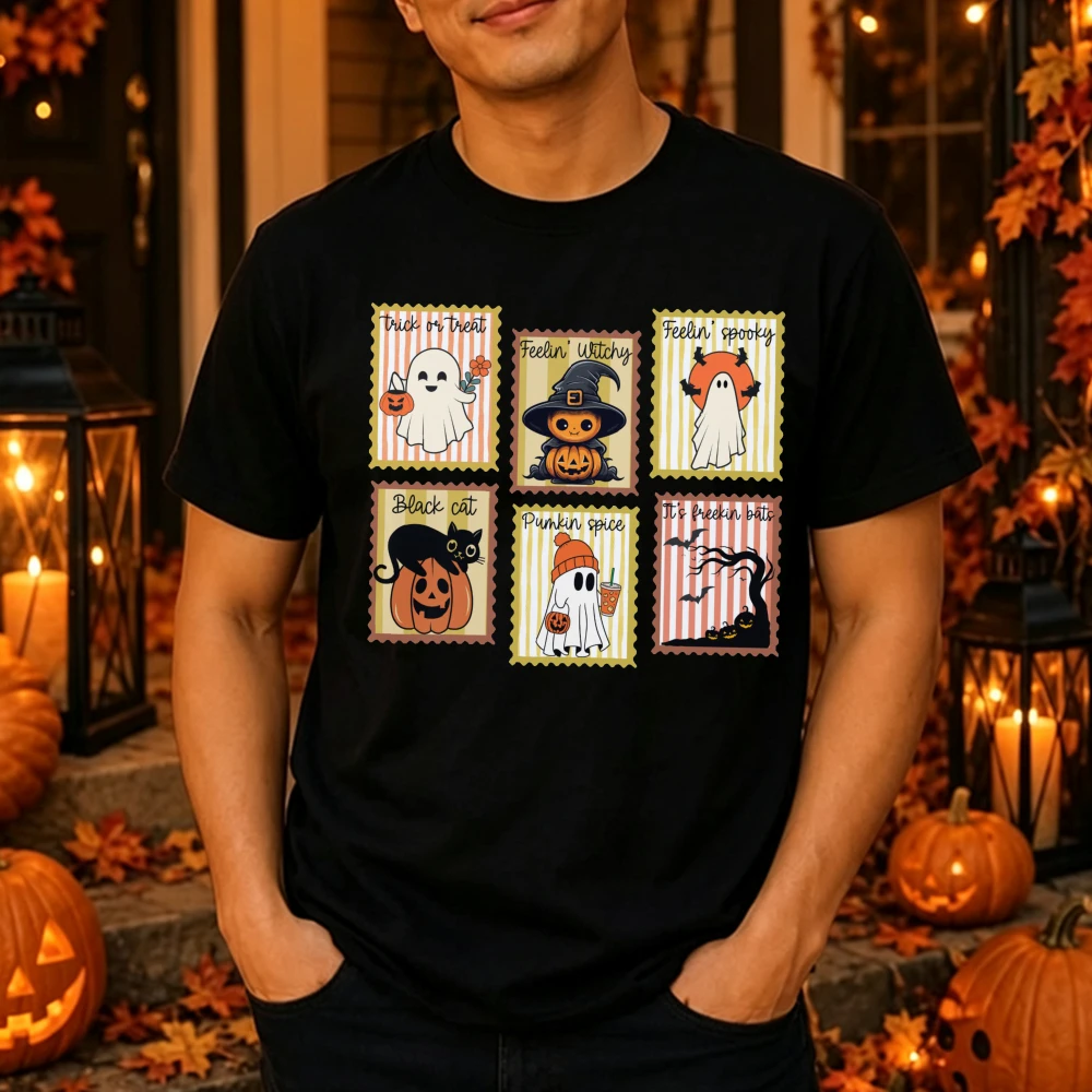 Cute Ghost Pumpkin Black Cat Graphic T-Shirt Cotton Short Sleeve Unisex Men Women Halloween Spooky Vintage Fall Retro Gift Tops