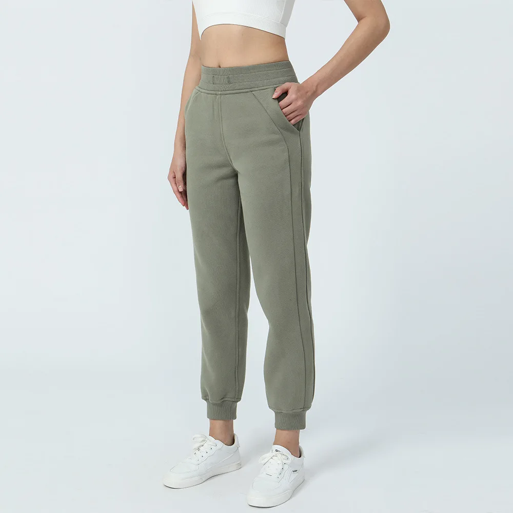 

Yoga pants with brand logo women fall/winter warm cuffed pants drawstring waist pants with pockets fleece sweatpants sports