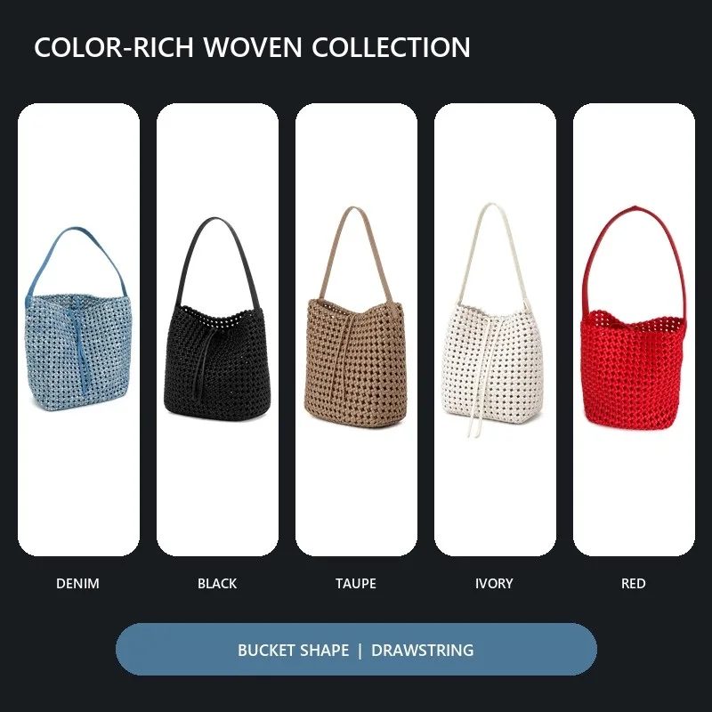 Handmade Woven Denim Bucket Bag for Women Large Capacity Hollow Out Tote Genuine Leather Shoulder Handbag Top Handle Purse