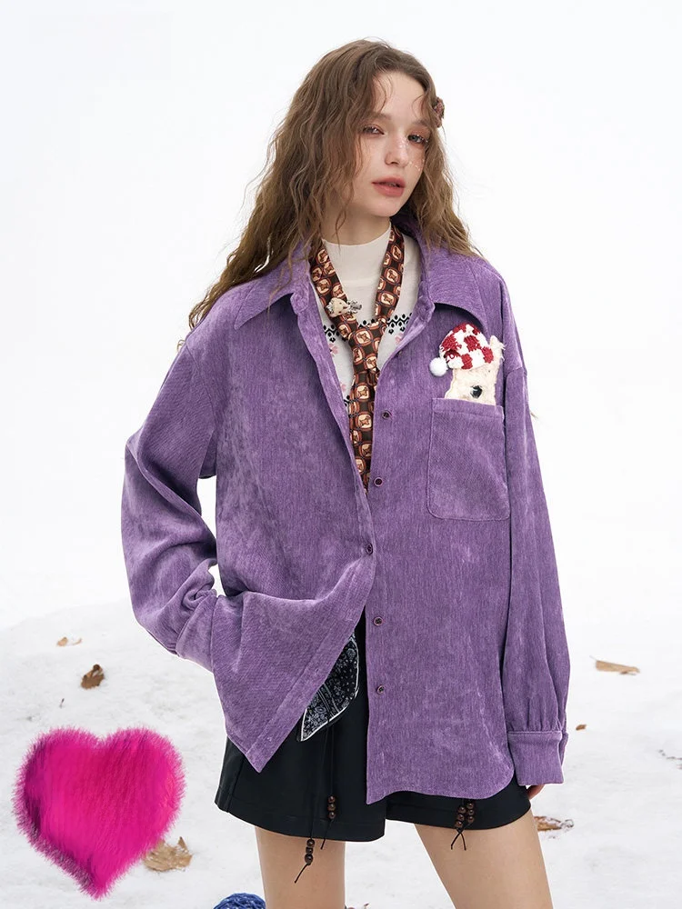 

Princ Sle Furry Purple irt Women's Vintage irt Coat Elastic Fiber Long Sve Loose Fit Button Detail Neline Design
