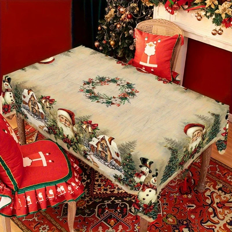 1pc Round Tablecloth, Retro Wood Grain Pattern, Christmas Theme with Santa Claus, Floral Design, Machine, Holiday Home Kitchen A