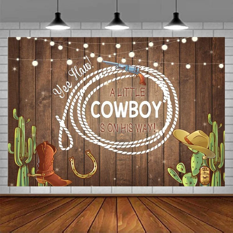 

Photography Backdrop Baby Shower Party A Little Western Cowboy Is On The Way Mexican Cactus Rustic Wood Kids Background Decor