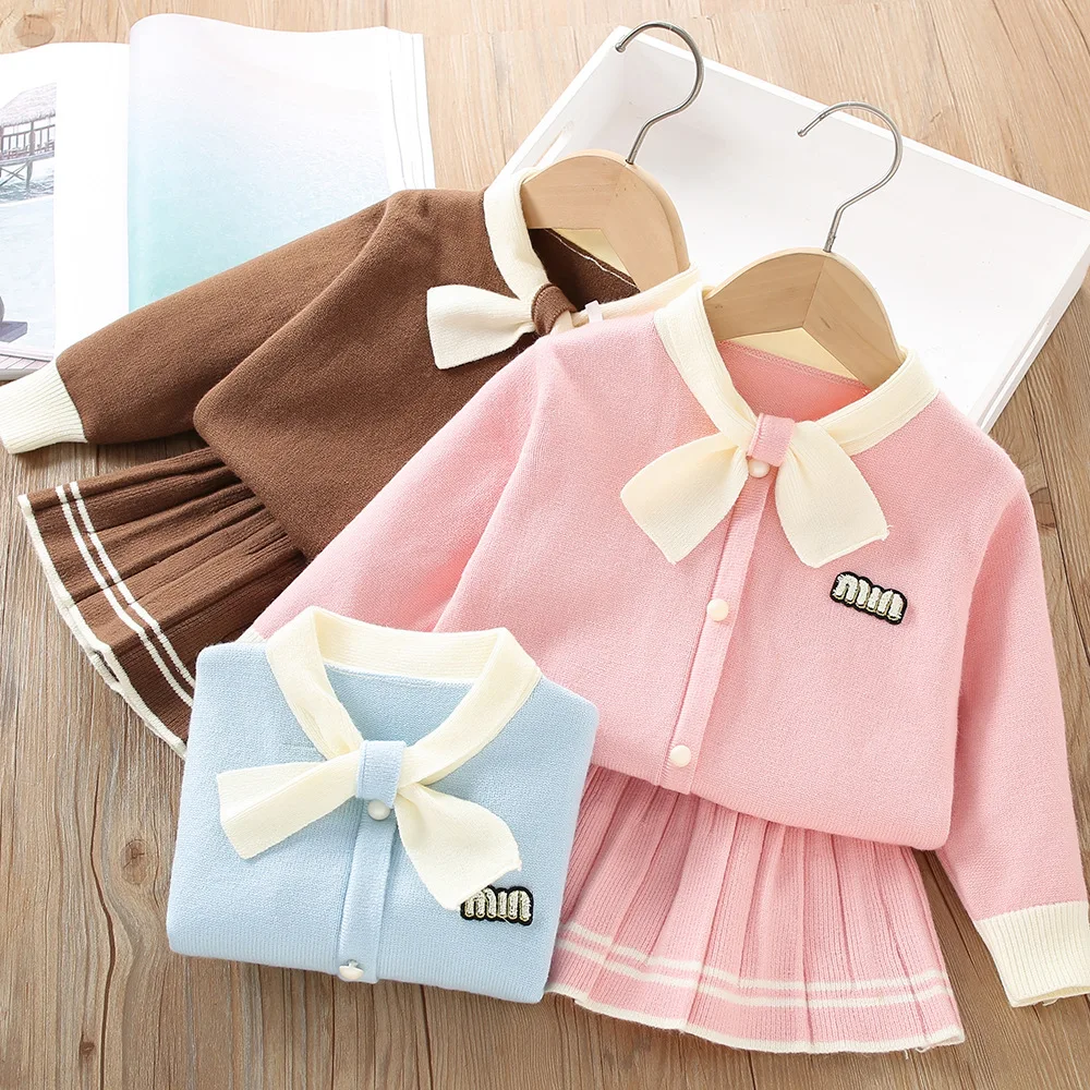 

Girls Knitted Clothing Sets Spring Autumn 2024 Children Woolen Jersey Sweater Jackets Skirts 2pcs Dress Suit For Baby Outfit Kid