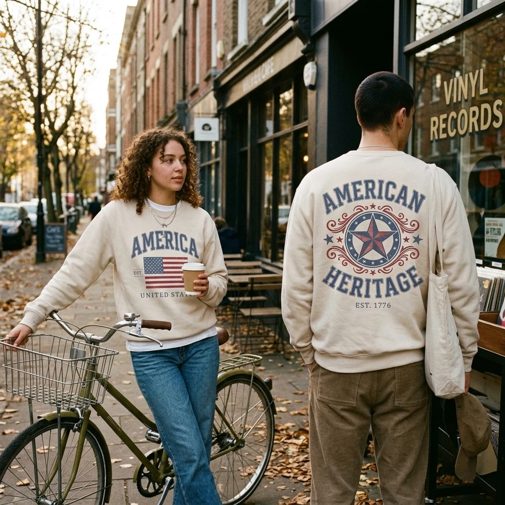 Retro US Flag Heritage Star Print Parent-Child Long Sleeve Crewneck Sweatshirt Casual Independence Day 4th of July Tops Streetwe