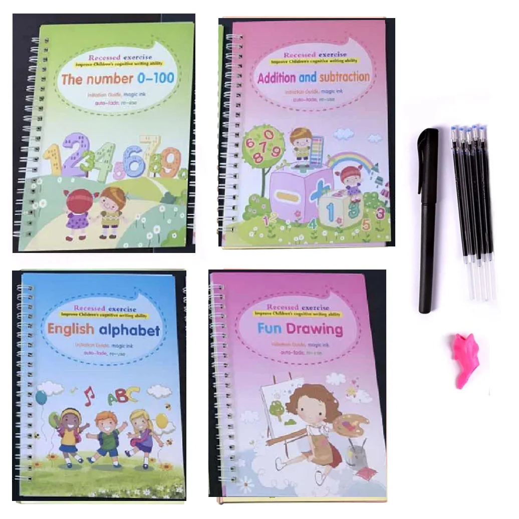 4 Books + Pen Magic Copy Book Free Wiping Children's kids Writing Sticker Practice English Copybook For Calligraphy Montessori