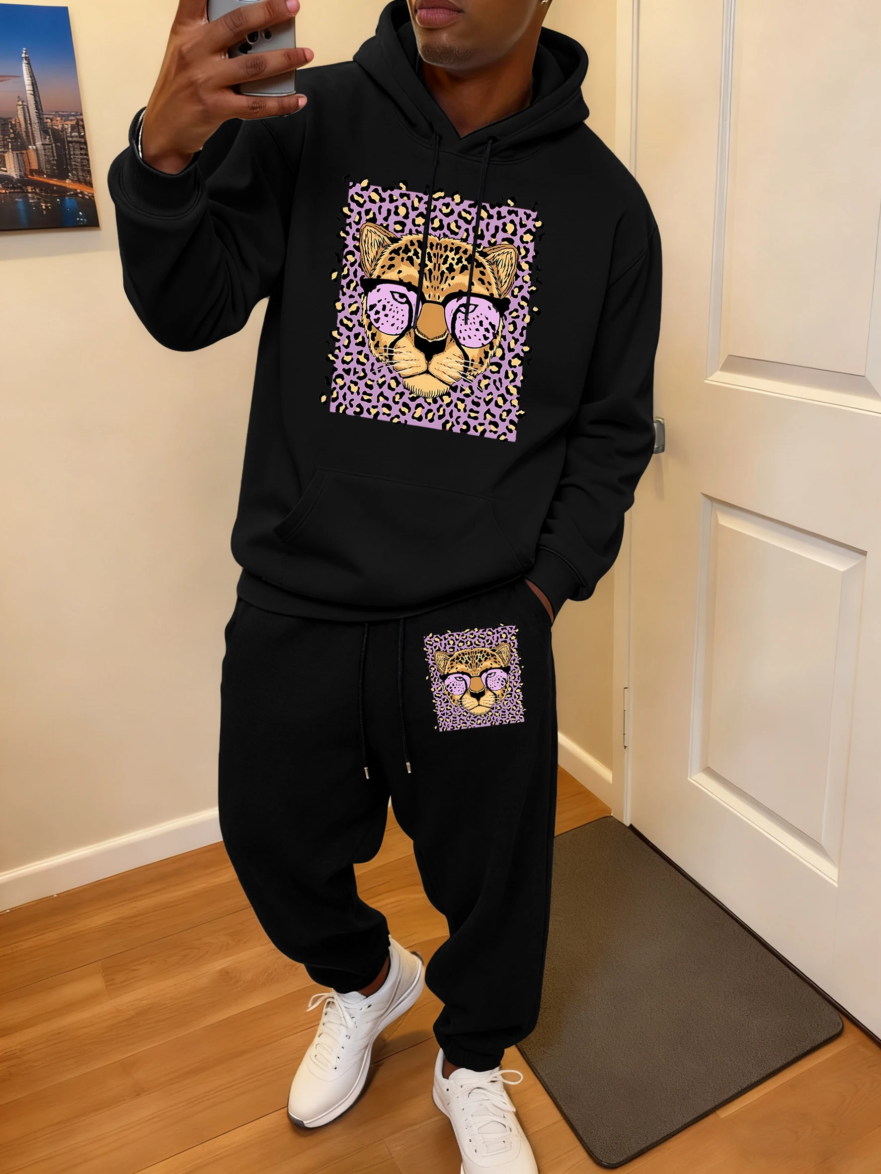 

Creative Purple Leopard Printing Men Hoodie Casual 0-Neck Hooded Sweatshirts Set Autumn Comfy Sweatpants Fleece Jogging Pants