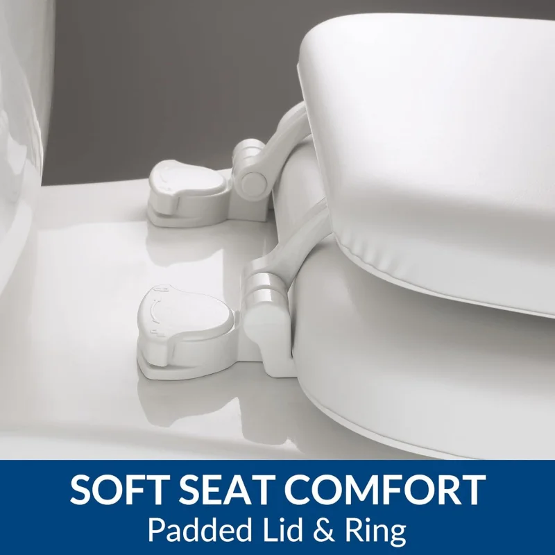Padded Toilet, Cushioned Soft Vinyl over Wood Core, Secure Hinges, Easy Clean, Round, Biscuit