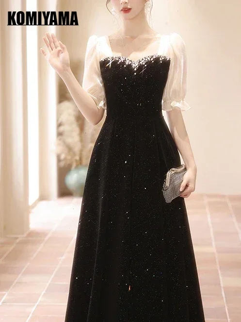 Customized Black Temperament Slim Waist Short Sleeve Evening Dresses Simple Square Collar Gentle Wedding Party Vestidos Sequined