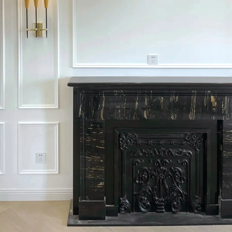 Natural Stone Wood Burning Black Marble Fireplace Surround Mantel with Artistic Carving for Indoor Hotel Villa Decor