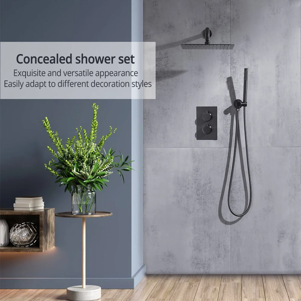 Gunmetal Thermostatic Faucet Diverter Set Bath 8-12 Square Rainfall Shower Head Combo Bathroom Mixer Set Wall Mounted Tap