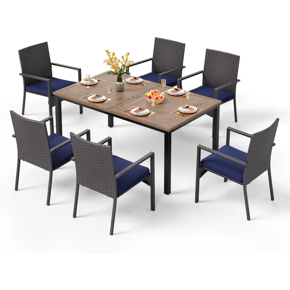 

7 Pieces Outdoor Dining Set for 6, 65” Wood-Like Metal Rectangle Dining Table & Rattan Wicker Chairs with Cushions, Large Dinin