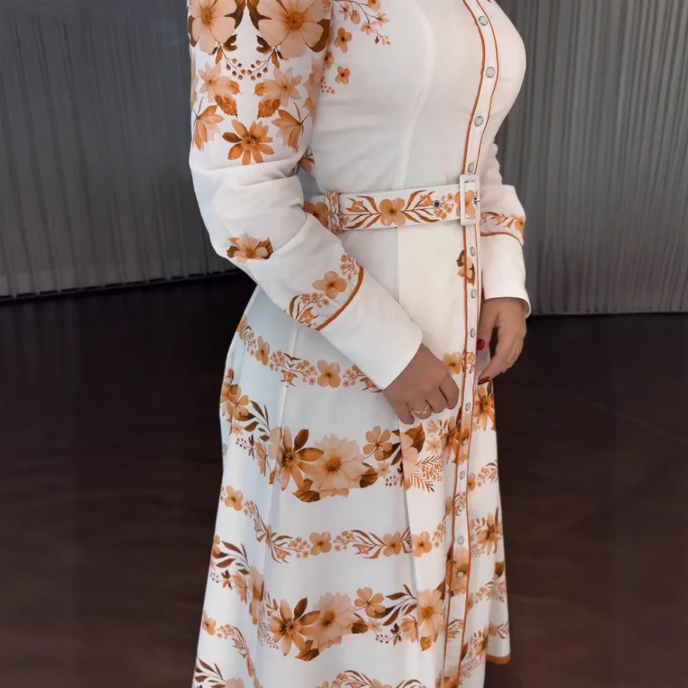 Women Floral Placement Print Turn-down Collar Puff Sleeve Vacation Dress Casual Button Down Shirt Dress With Belt and Lining