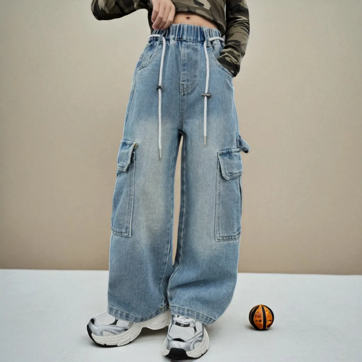 

Toddler Girls Jeans Kids Cargo Pants Wide Leg Denim Jeans for Girl Streetwear Trousers Children School Outfits 5 8 9 12 13 Years