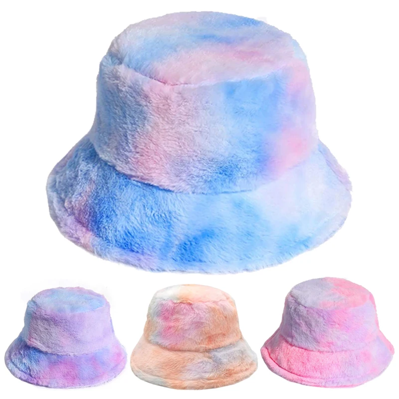 Topi Ember Berbulu Bulu Palsu Musim Dingin Wanita Mode Topi Pelindung Matahari Hangat Luar Ruangan Warna Warni Topi Nelayan Berbulu Beludru Lembut Wanita Panama Perempuan