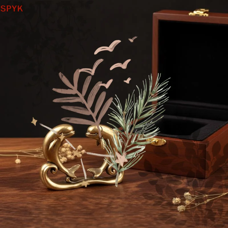 1/2Pcs Brass Double Dolphin Decorative Figurine With Vintage Antique Finish For Home Office Desktop Ornament