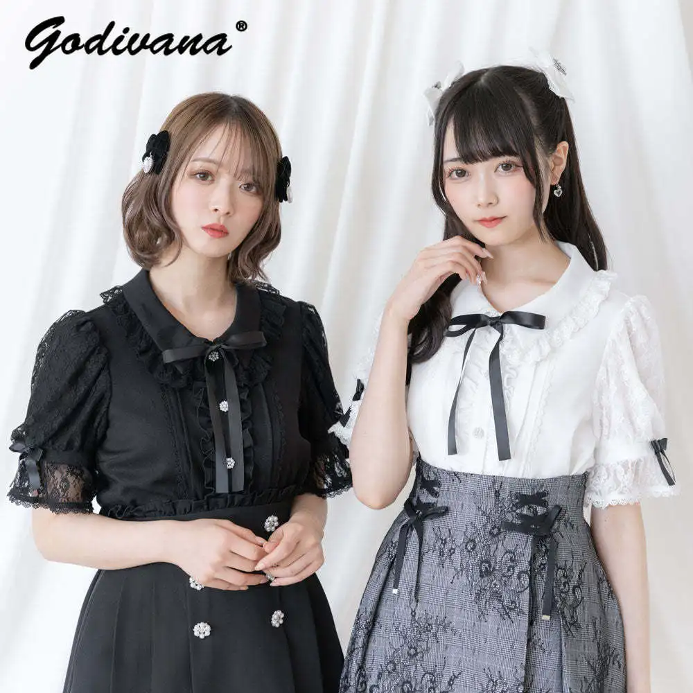 

2024 Spring and Summer New Women's Lolita Shirt Japanese Sweet Lace Sleeve Bow Shirt Top Loose Girls Blusas Blouses