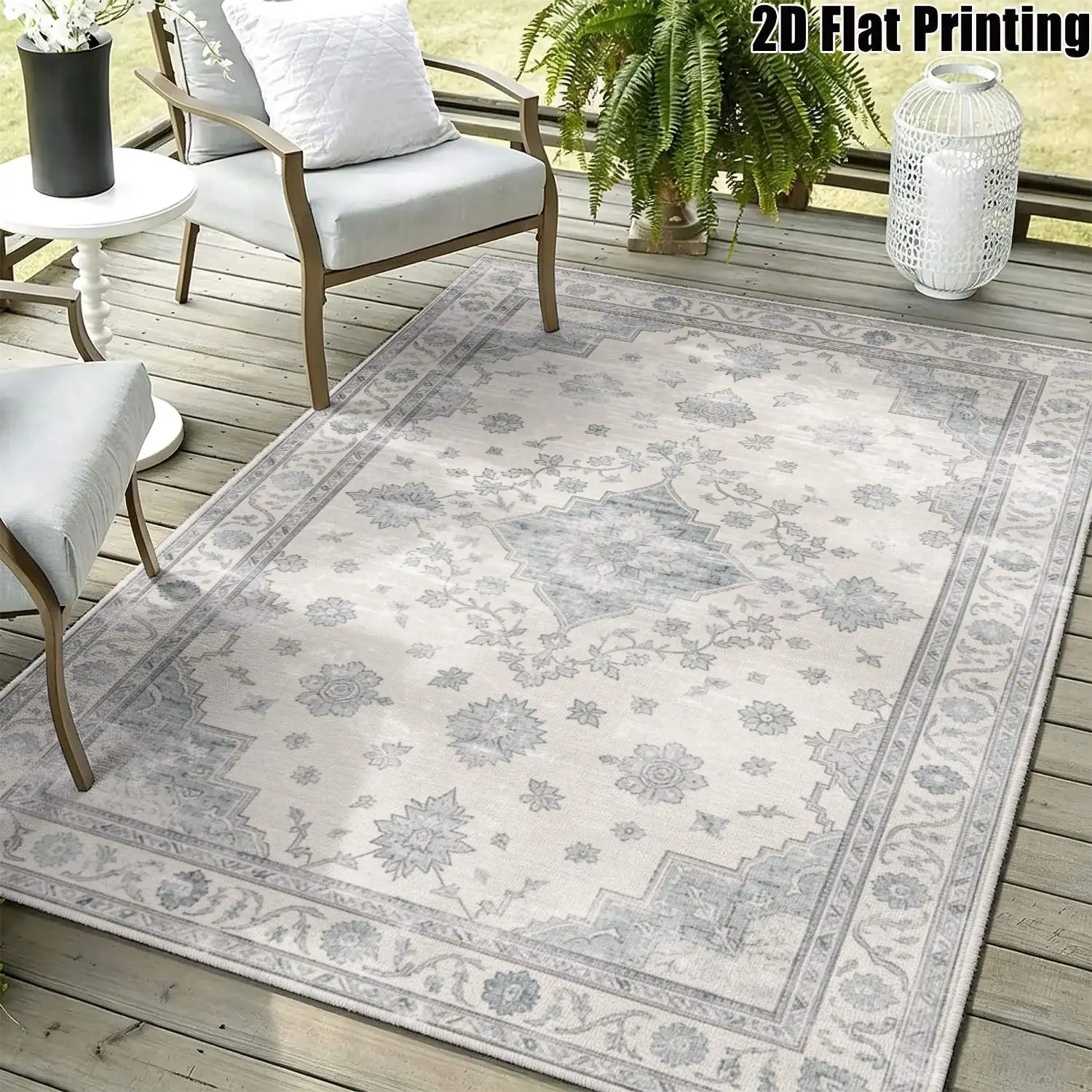 1Pc 2D Printed Carpet: Blue-Grey Retro Floral Pattern, European-Style Retro Minimalist Geometric Design, Home Decor Option, Multiple Sizes, Machine Washable, for Living Room, Bedroom, Dining Room, Entryway, Study