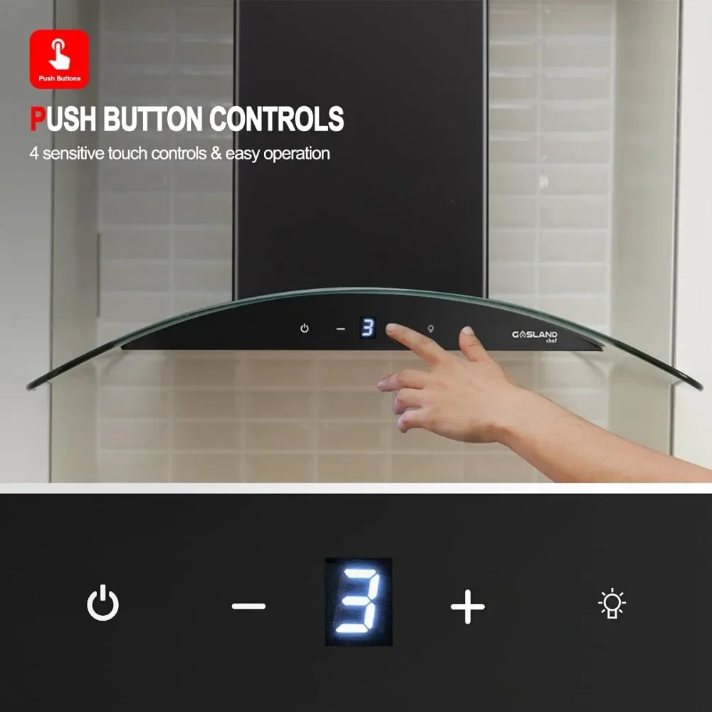 36" Range Hood, GASLAND Chef GR36BS Glass Wall Mount Range Hood Black, 3 Speed 350 CFM Ducted Kitchen Hood