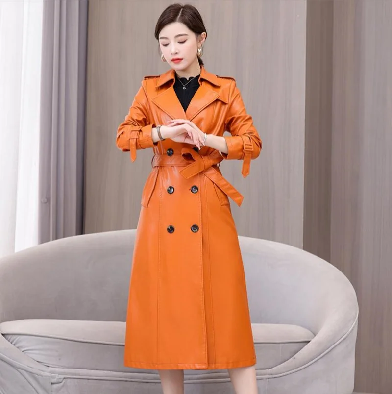 Outono inverno duplo breasted longo luxo engrossar jaqueta de couro falso trench coat feminino faixas designer moda casaco