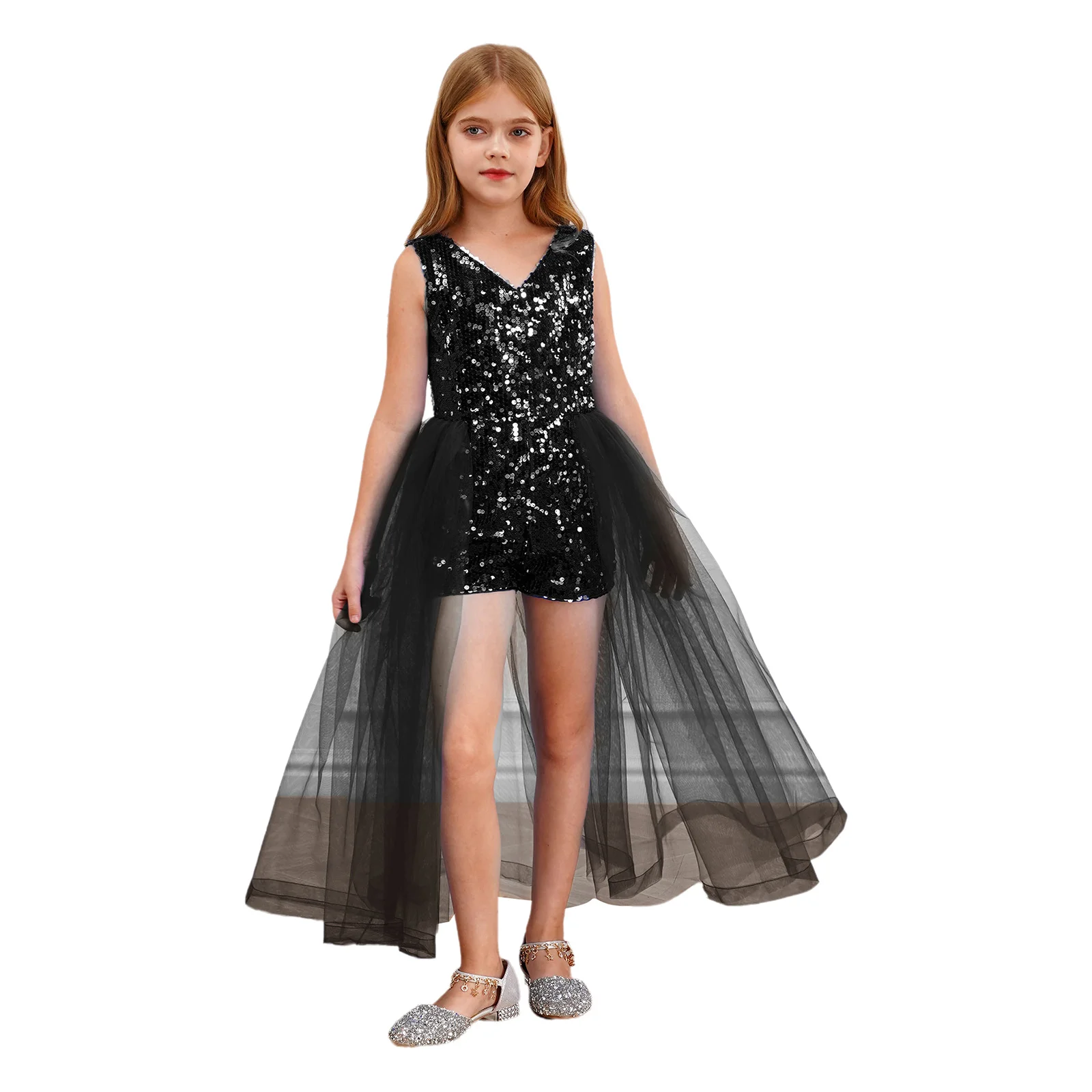 Kids Girls V Neck Sparkly Sequin Romper with Tulle Skirt Children Sleeveless Formal Dress for Wedding Birthday Party Gown