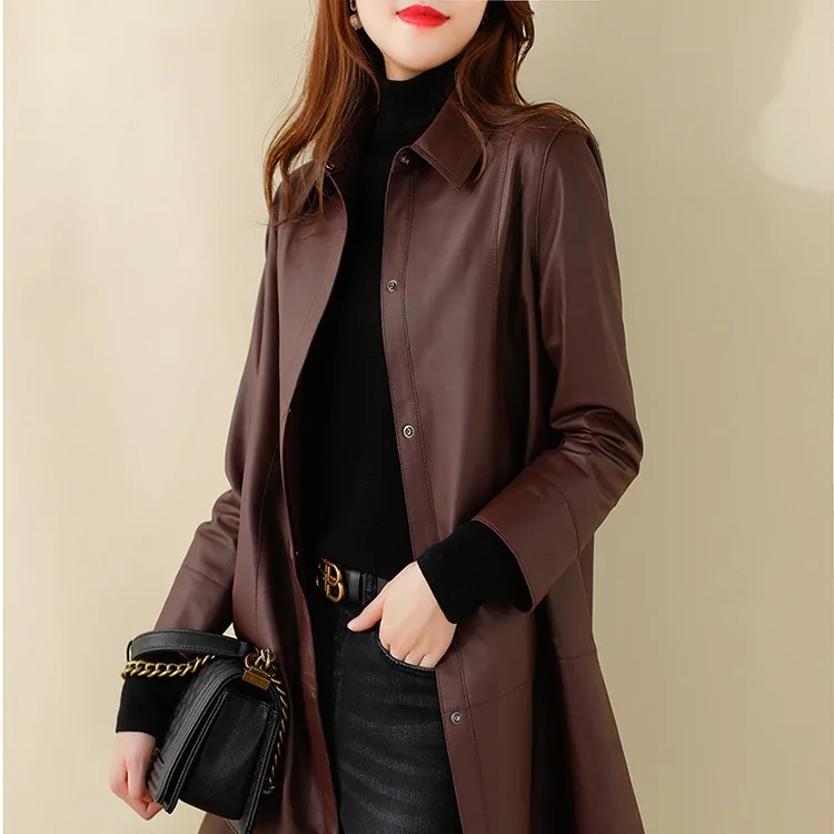 

2026 Fashion Autumn Leather Coat Long Women's Leather Sheepskin Trench Coat