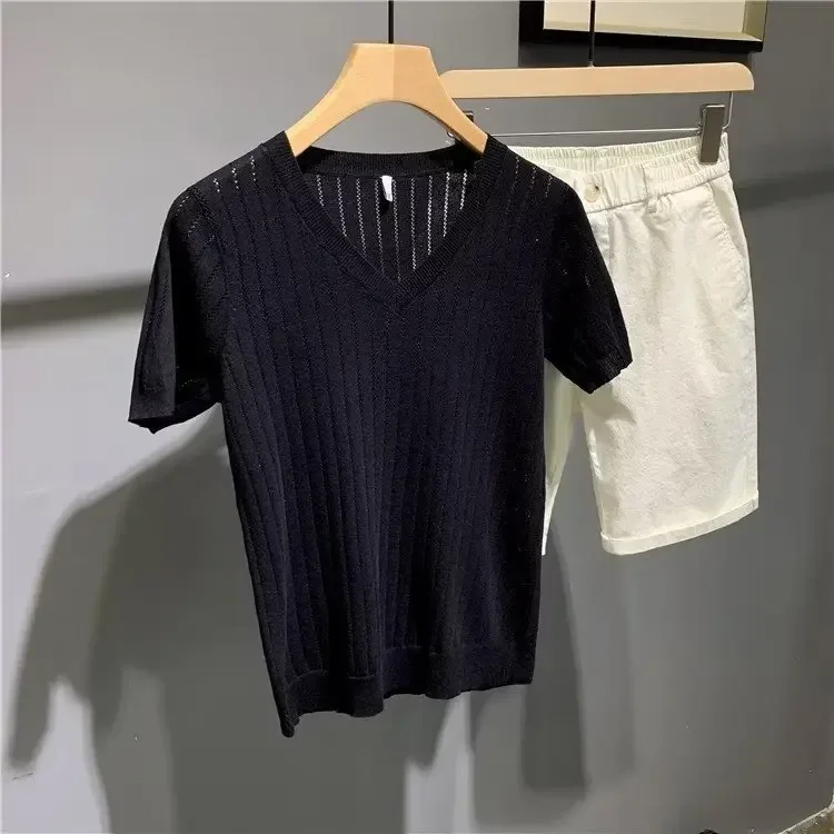 Pop Men's New Fashion Summer V-neck Short Sleeve Solid Color Hollowed Out T-shirts Casual Trendy New Fashion Knitted T-shirts Ma