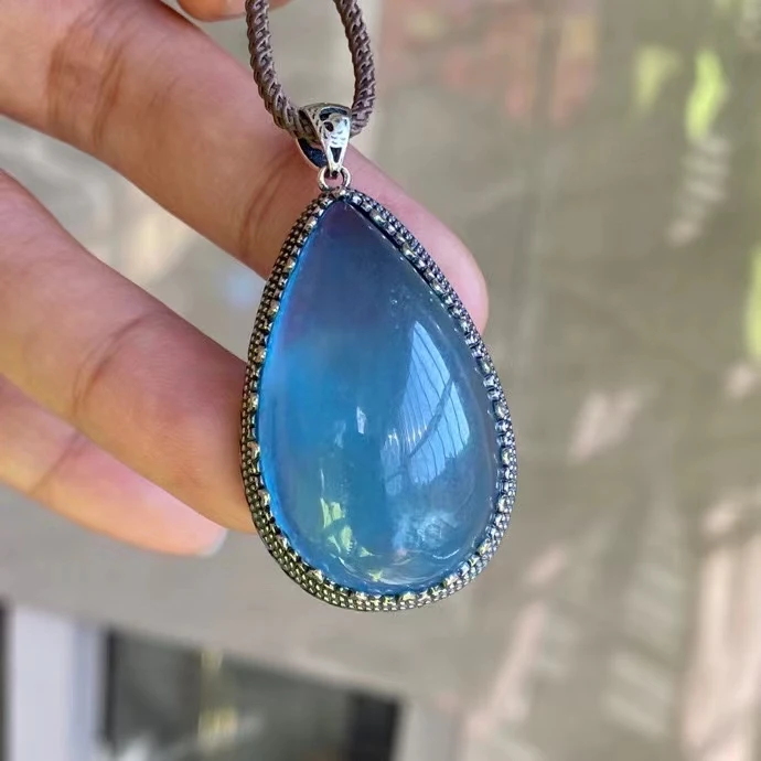 

Natural Blue Aquamarine Quartz Pendant Brazil Jewelry 38*22mm 925 Sterling Silver Deep Blue Aquamarine Oval Necklace AAAAA