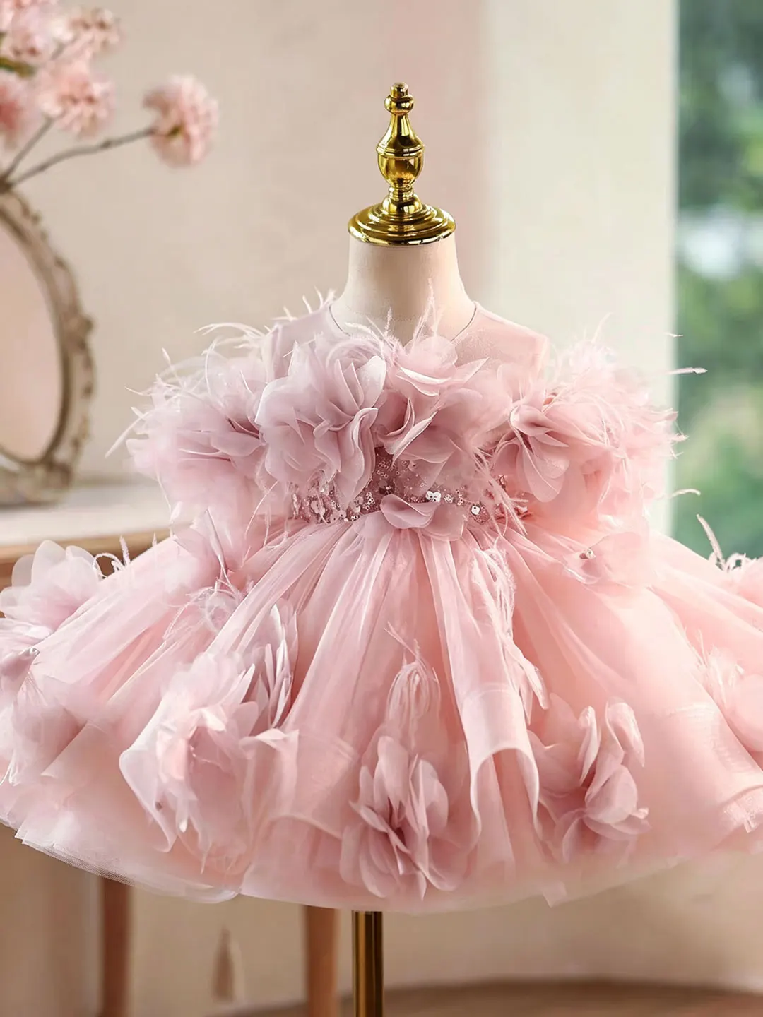 Dreamy Vow D284 Luxury Baby Girls Pink 3D Floral Princess Dress with Detachable Train Elegant Flower Girl Birthday Party Gown