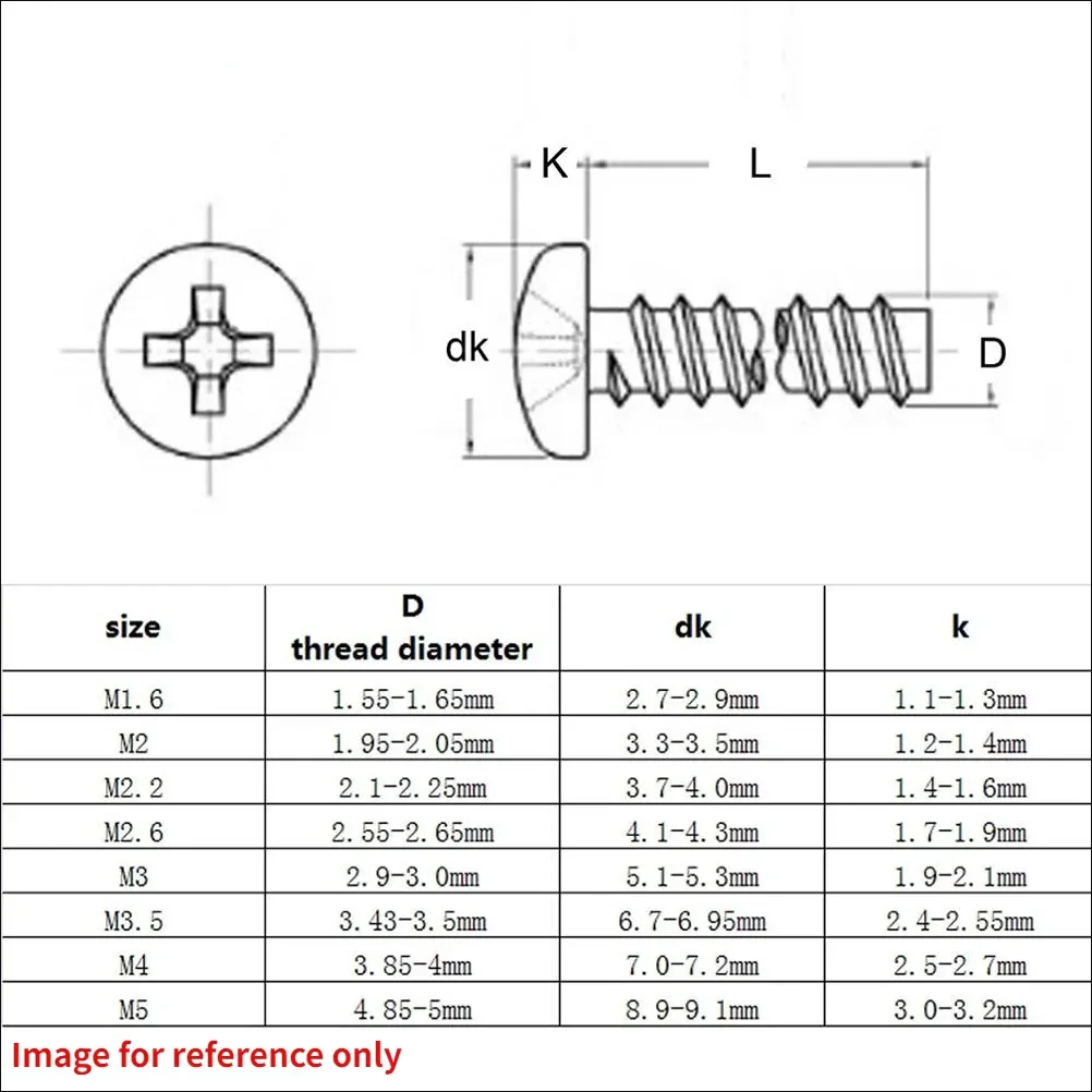 Acciaio inossidabile 304 M1.4 M1.7 M2 M2.2 M2.6 M3 M3.5 M4 M5 Vite autofilettante a coda piatta a testa tonda con incasso a croce autofilettante