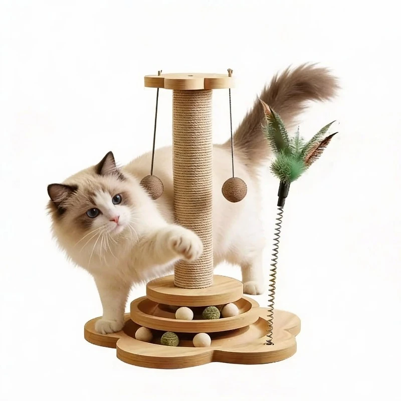 Vertical Cat Tree with Scratching Board Non Shedding Kitten Toy Ball Durable Wood Design for Multi Cat Households