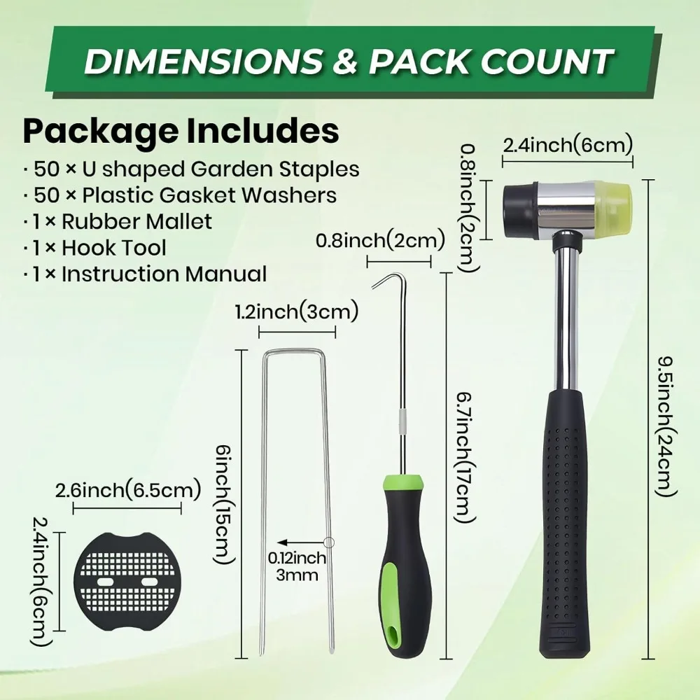 Weed Barrier Lawn Staples 6 Inch Galvanized U Shaped with Gasket Pick Hook Rubber Mallet Landscape Pins for Yard Sod Weed Mat