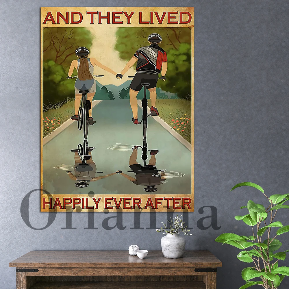 Cycling Partners They Lived Happily Ever After Wall Art Poster Husband And Wife Cycling Home Decor Print Bedroom Decoration Gift