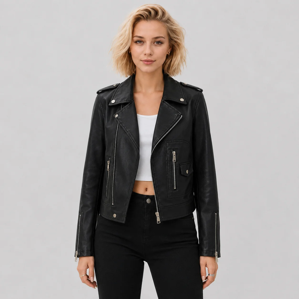 EOENKKY Women's PU Leather Jacket Cropped Moto Biker Coat Zip Lapel Autumn Casual Streetwear Outerwear