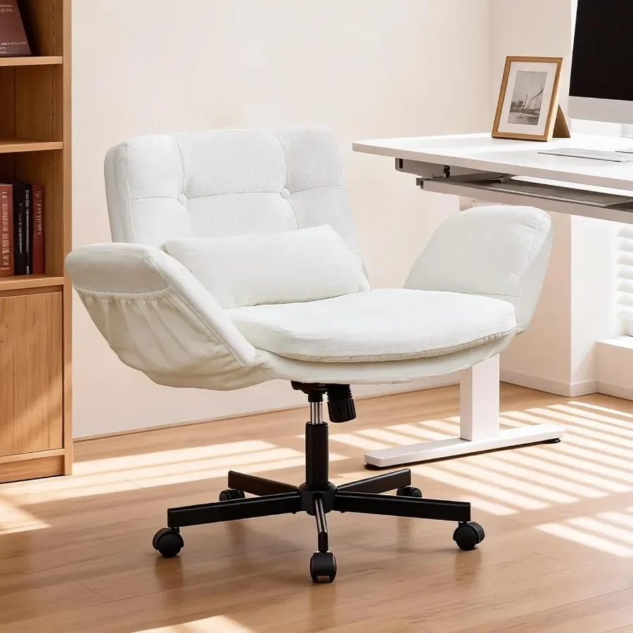 Dual Layer Criss Cross Legged Chair, Comfy Rolling Office Desk Chair with Flip-Up Armrests Wheels, Comfy Swivel Vanity Chairs w